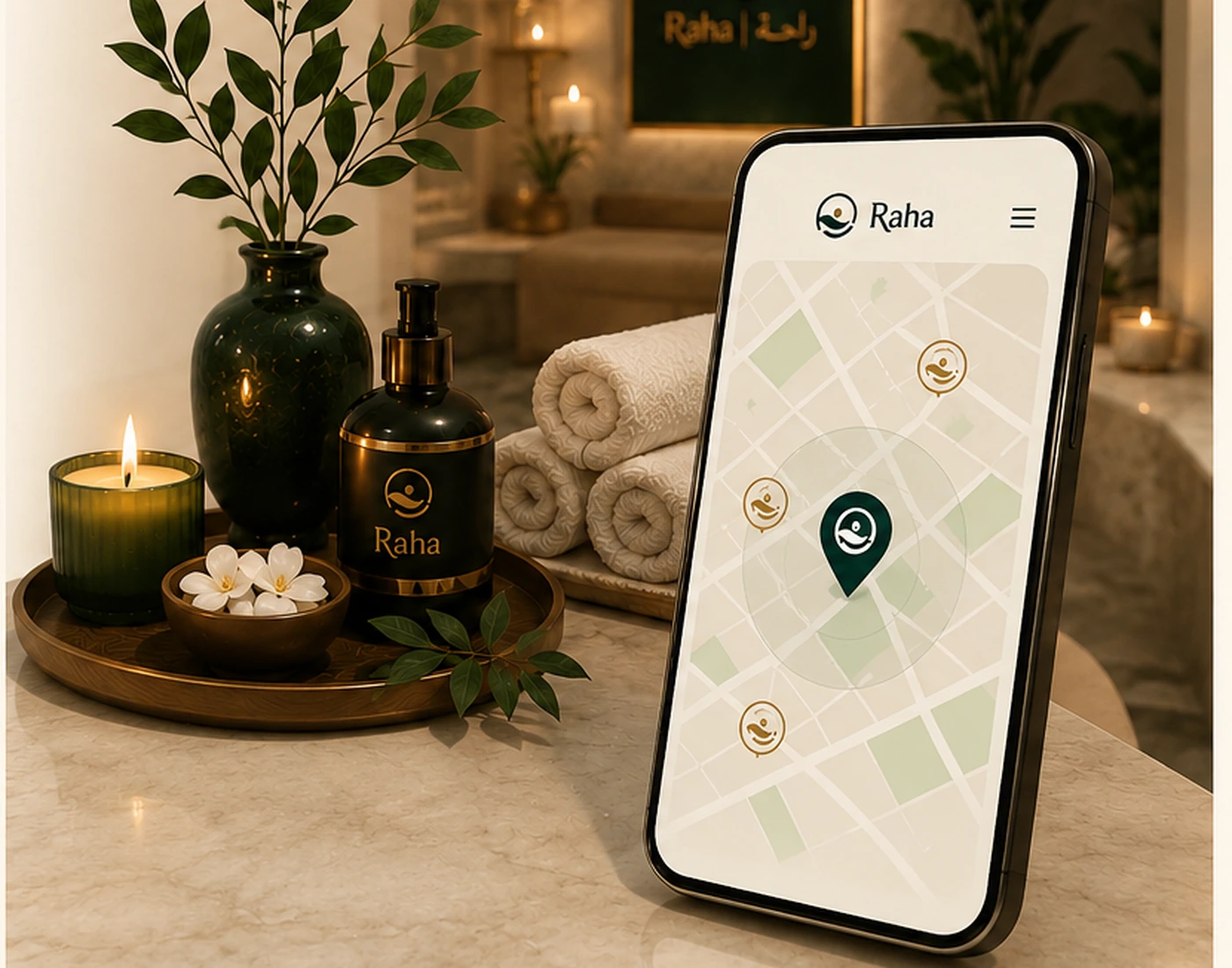 Premium Raha spa interior with location map interface